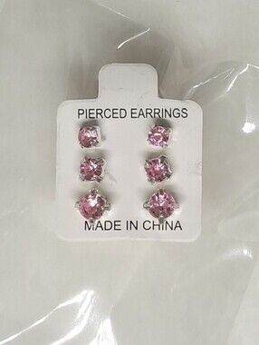 $1 | Pink | Multi‑Size 3‑Pair Rhinestone Stud Earring Set